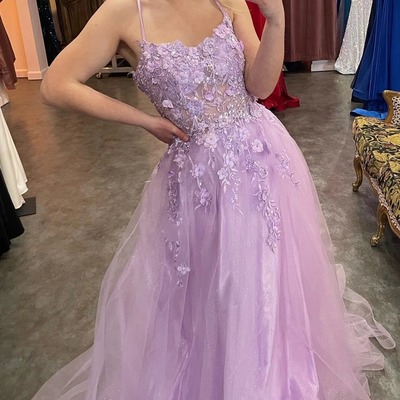 A-line lilac appliques straps long prom dress,pd230385