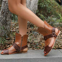 Colorblock Rivet Peep Toe Flat Sandals - Thumbnail 4