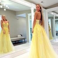 A-Line Yellow Tulle Spaghetti Straps Long Prom Dresses with Appliques,PD230388 - Thumbnail 1
