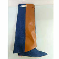 Circular-Headed Large Cylinder Stone-Patterned Shark Buckle Knee-Length Pants Boots - Thumbnail 2