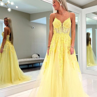 A-line yellow tulle spaghetti straps long prom dresses with appliques,pd230388 - Thumbnail 4