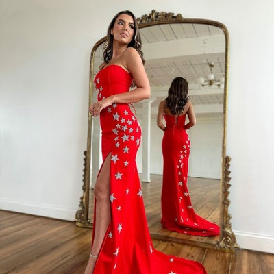 Charming mermaid  red satin straplessm long prom dresses with slit,pd230389 - Thumbnail 3