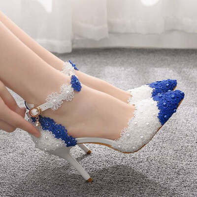 Chic blue and white lace floral banquet sandals-heel height 9.5cm