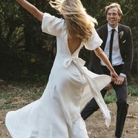 A Line Wedding Dress Long Square Neck Lantern Sleeves V Back Pearls Soft Satin Bridal Dresses,1796 - Thumbnail 1