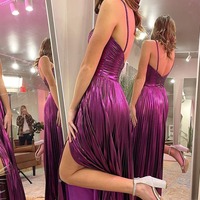 A-Line Magenta Spaghetti Straps Pleated Long Prom Dresses,PD230394 - Thumbnail 1