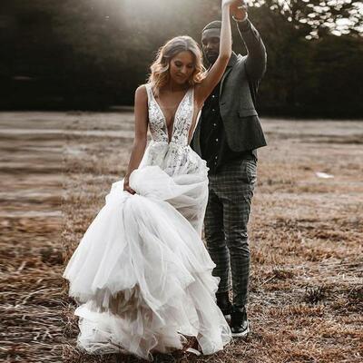 Sexy illusion country wedding dresses boho a-line deep v-neck tulle bride dress backless lace beach bridal gowns,1794 - Thumbnail 1