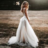 Sexy Illusion Country Wedding Dresses Boho A-Line Deep V-neck Tulle Bride Dress Backless Lace Beach Bridal Gowns,1794 - Thumbnail 2