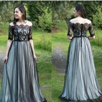 Black and White A-line Lace Tulle Gothic Wedding Dresses Off the Shoulder Half Sleeves Informal Simple Non White Bridal Gowns,1795 - Thumbnail 1