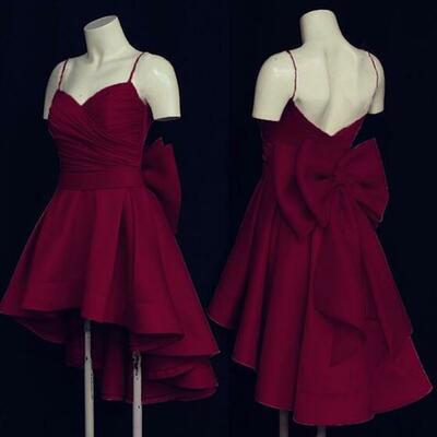 Cute high low short burgundy prom dress with bow,1800