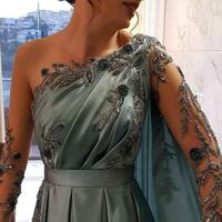 Floor Length Scoop Neckline One Shoulder Stain Evening Dresses with Beading,1801 - Thumbnail 1