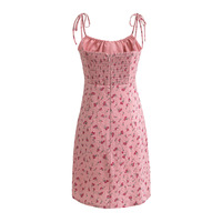 Casual pink rose floral drawstring suspender dress - Thumbnail 1