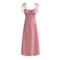 Pink Rose Floral Long Casual Drawstring Suspender Dress - Thumbnail 2