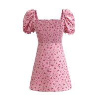 Puff Sleeve Tie-Tie Pleated Square Neck Tea Dress - Thumbnail 1