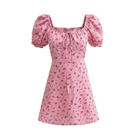 Puff Sleeve Tie-Tie Pleated Square Neck Tea Dress - Thumbnail 2