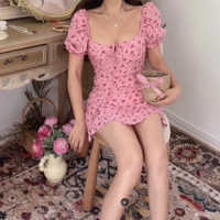 Puff Sleeve Tie-Tie Pleated Square Neck Tea Dress - Thumbnail 3