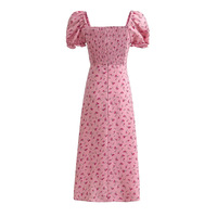 Puff Sleeve Tie-Tie Pleated Square Neck Tea LONG Dress - Thumbnail 1