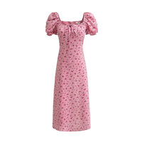 Puff Sleeve Tie-Tie Pleated Square Neck Tea LONG Dress - Thumbnail 2