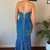 Strapless Mermaid Blue Sequins Long Prom Dresses,PD230404 - Thumbnail 1