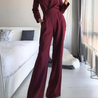 Women Loose Long Sleeve Wide Leg Pants Elegant Rompers Jumpsuits - Thumbnail 1