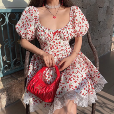 Lace strawberry print dress waist bubble short sleeve cute mini skirt