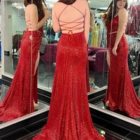 V Neck Sequins Two Piece Long Red Prom Dresses ,PD230406 - Thumbnail 1