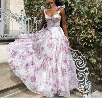 Fashion Sexy Backless Printed Suspender Long Dresses for Women