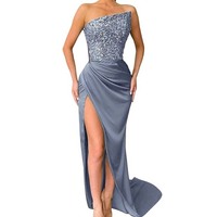 Women Sequined Red Side Split Party Evening Dress - Thumbnail 2