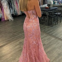 Mermaid Pink Strapless Lace Long Prom Dresses,PD230408 - Thumbnail 1