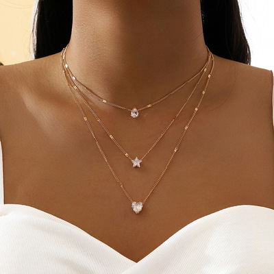 Fashion Minimalist multi-layered pentagram heart-shaped vintage necklace Clavicle Chain