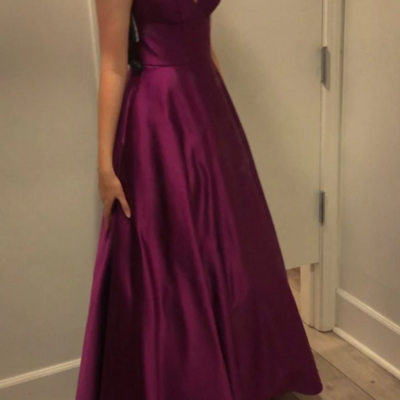 Simple a-line satin purple v neck evening dresses - Thumbnail 3