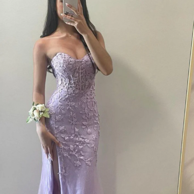 Charming mermaid lilac sweetheart appliques tulle prom dresses - Thumbnail 4