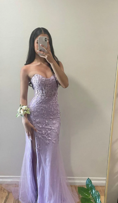 Charming Mermaid Lilac Sweetheart Appliques Tulle Prom Dresses