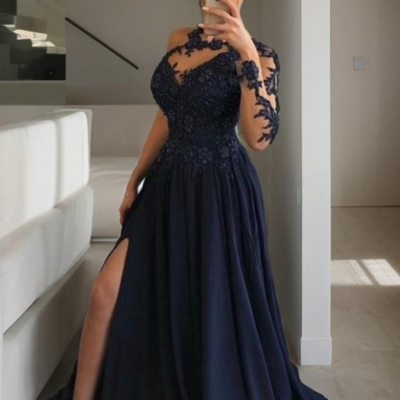 A-line scoop sweep navy blue train satin prom dresses with slit - Thumbnail 2