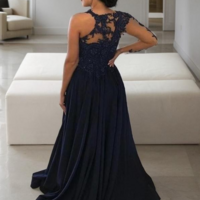 A-Line Scoop Sweep Navy Blue Train Satin Prom Dresses With Slit - Thumbnail 1