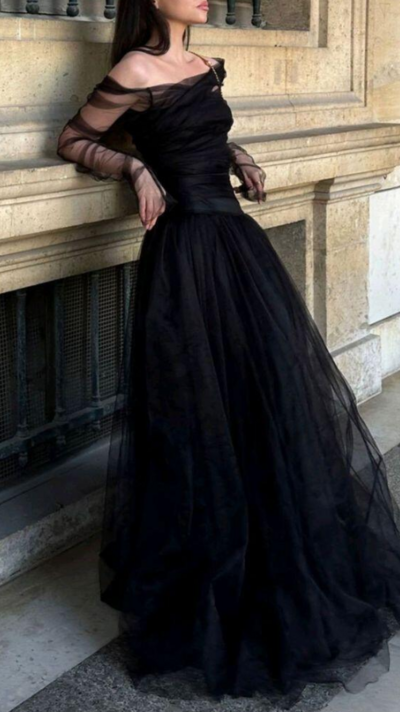 Off Shoulder A-Line Black Tulle Long Sleeves Prom Dresses