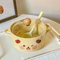 Ceramic animal noodle bowl with lid and spoon - Thumbnail 5