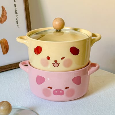 Ceramic animal noodle bowl with lid and spoon