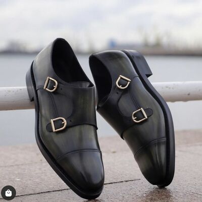 Handmade stylish black double monks strap dress shoes