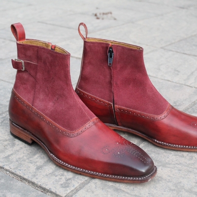 Crafted leather classic men genuine leather and suede side zipper ankle high buckle strap dress boot - Thumbnail 4