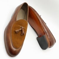 Crafted Leather Brown Leather and Suede Tassel Loafers Dress Shoes For Men - Thumbnail 2