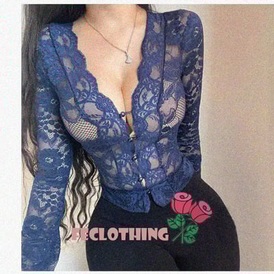 Temperament sexy slim fit v-neck lace long-sleeved top - Thumbnail 1