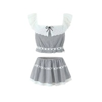One-shoulder collar, cuffed contrast color sleeveless vest, elastic waist, sweet striped skirt suit - Thumbnail 5