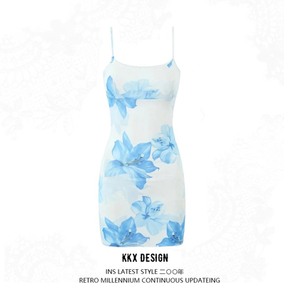 Sexy suspender dress retro slim mesh print short hip skirt