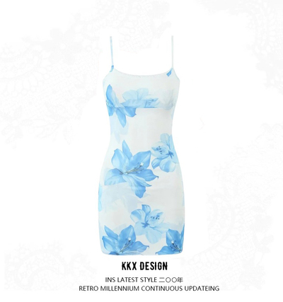 Sexy suspender dress retro slim mesh print short hip skirt