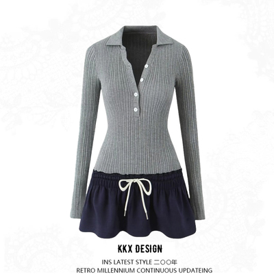 Lapel half-button long-sleeved knitted dress with contrasting drawstring pleated skirt
