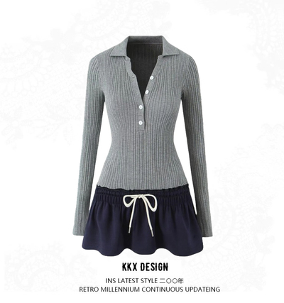 Lapel half-button long-sleeved knitted dress with contrasting drawstring pleated skirt