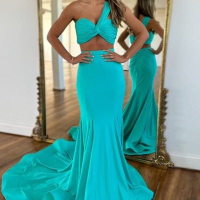 One shoulder mermaid pink pleated prom dresses with slit,pd230411 - Thumbnail 3