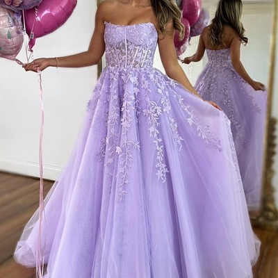 Cute ball gown  lavender tulle strapless prom dresses with appliques,pd230414 - Thumbnail 3