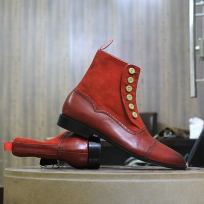Ankle high handmade leather suede button top boot for men's 