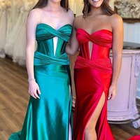 Sweetheart Mermaid Hot Pink Satin Prom Dresses with Slit,PD230417 - Thumbnail 1